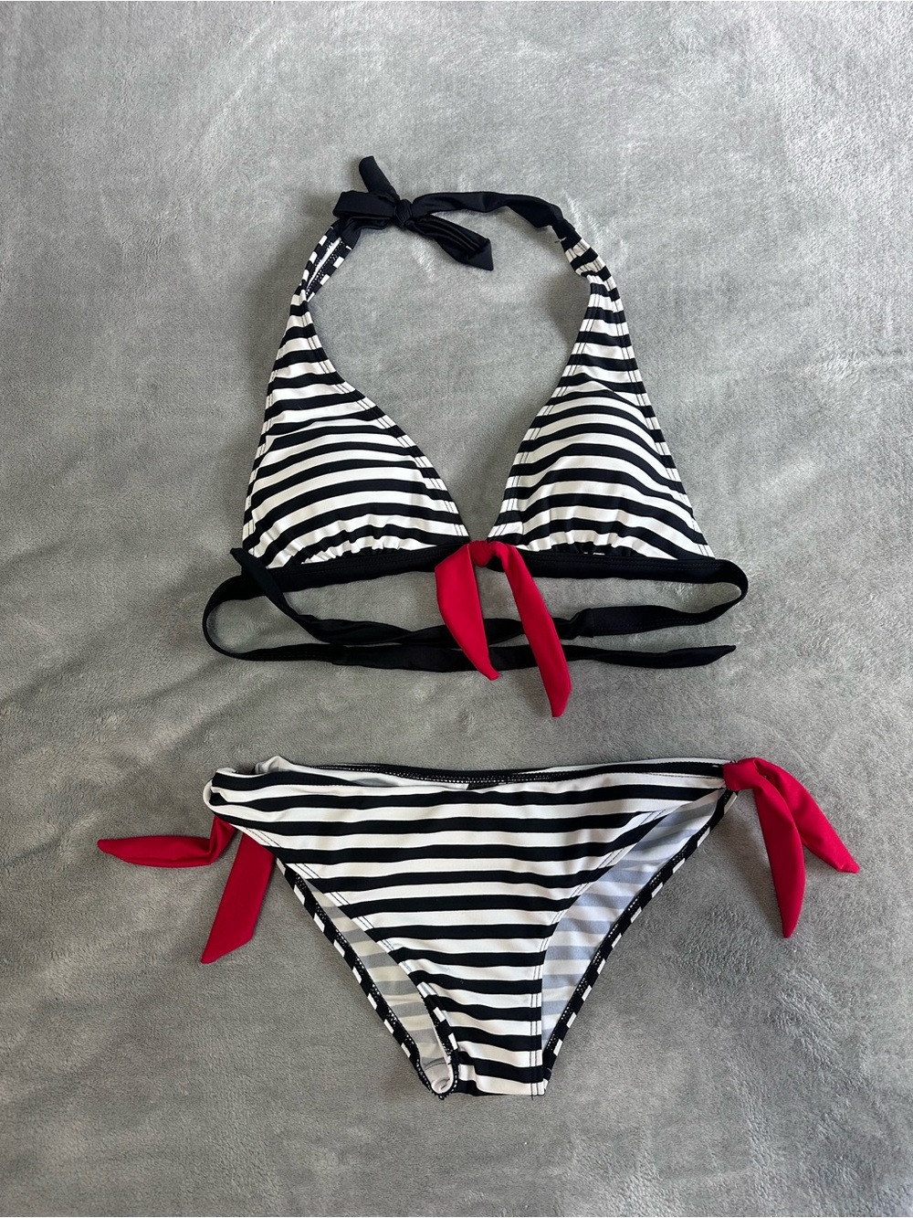 Striped Black & White Bikini with Red Tie Accents - Women Swim MEDIUM